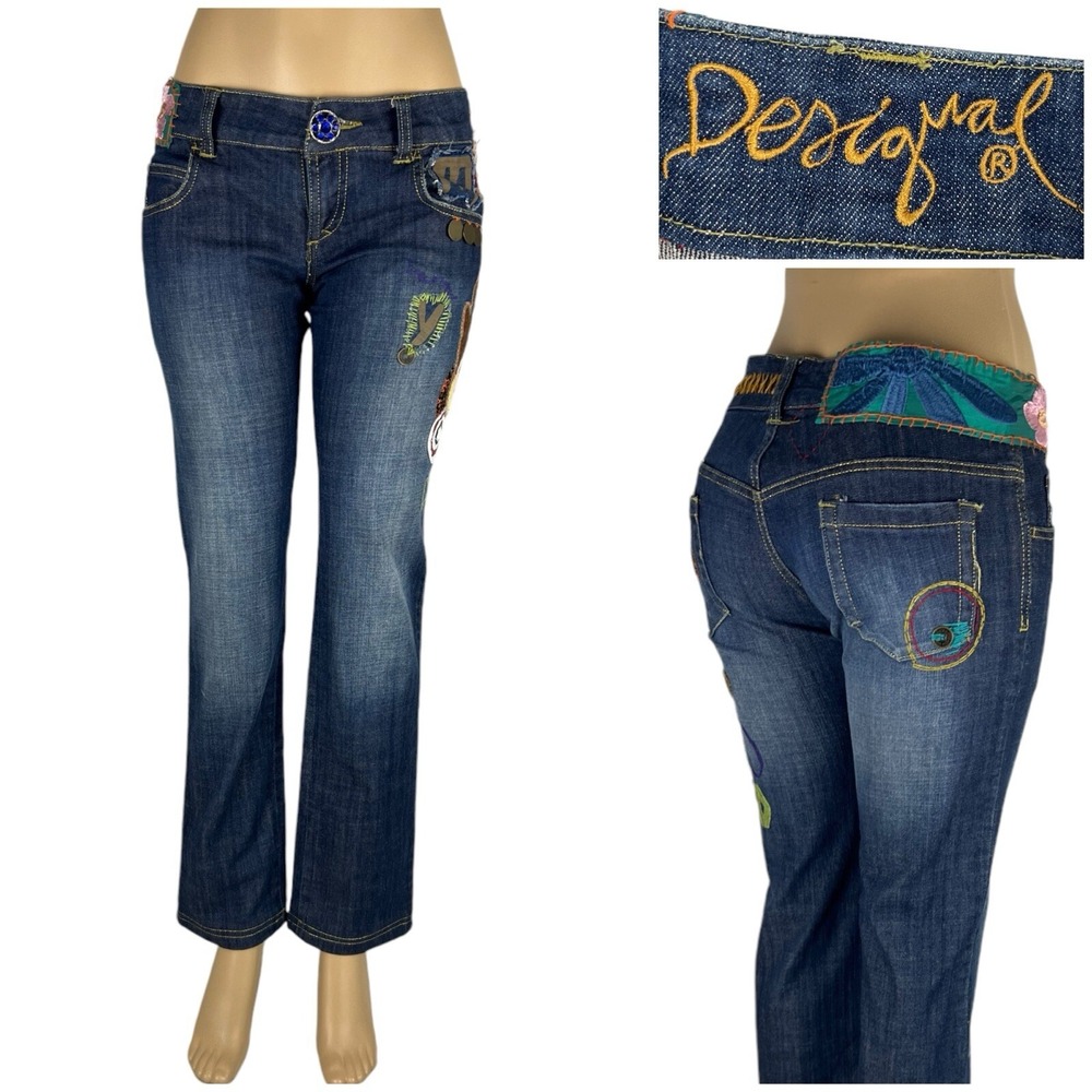 Desigual 30 X 31 (actual) Jeans Embroidered Straight Leg EU 38 Distressed Denim